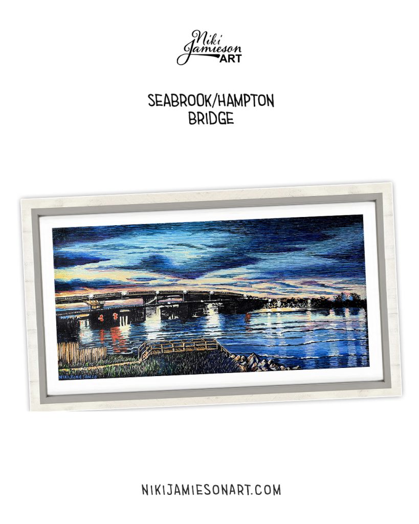 Original acrylic and pen painting of the bridge between Seabrook and Hampton Beach, New Hampshire during a magnificent sunset by artist Niki Jamieson.
