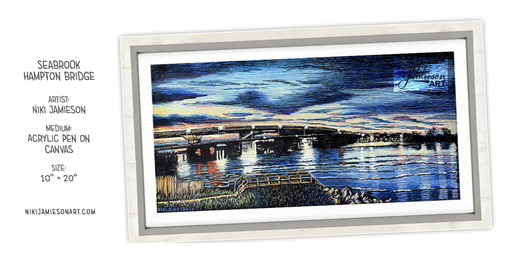 Original acrylic and pen painting of the bridge between Seabrook and Hampton Beach, New Hampshire during a magnificent sunset by artist Niki Jamieson.